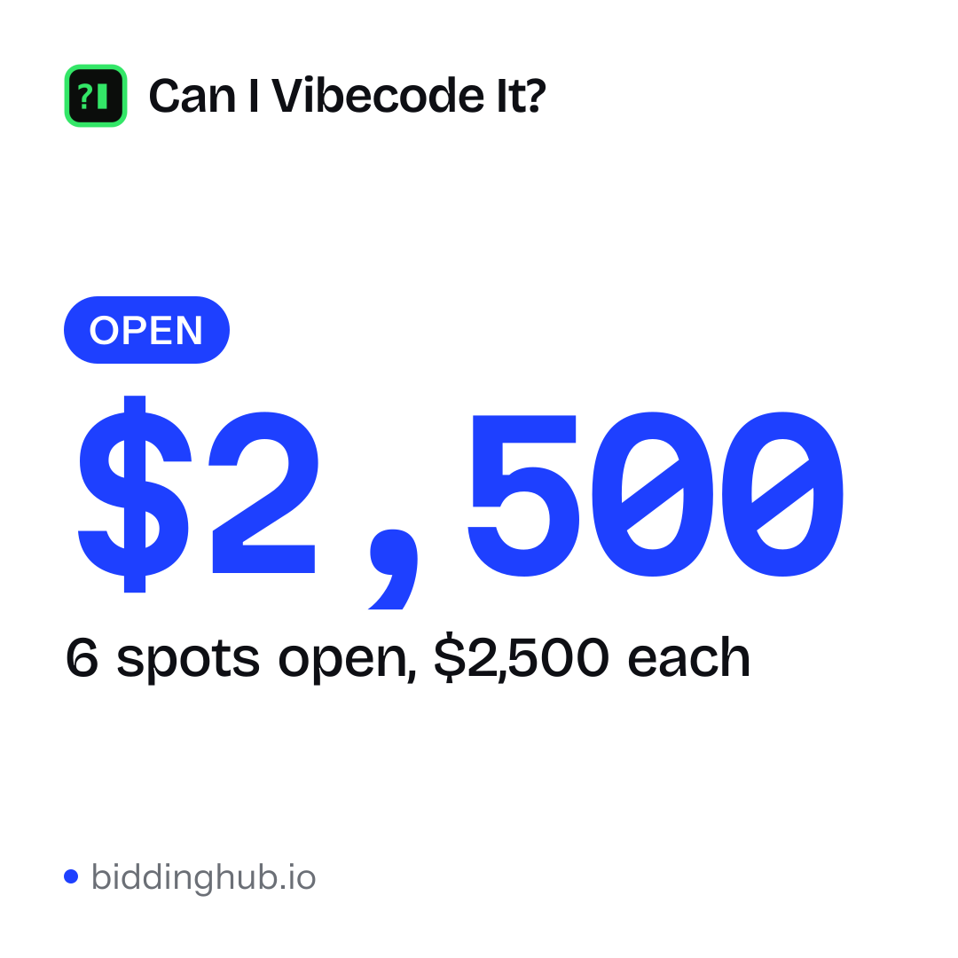 Can I Vibecode It?, #161 of 430 on biddinghub: $1.84 a click for The Build Games sponsor board #3, $750 for 30 days, 407 to 985 clicks a month, estimated from its traffic.