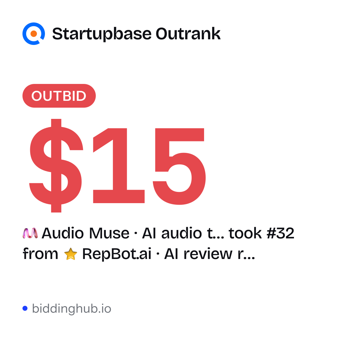 Audio Muse · AI audio t… took #32 from RepBot.ai · AI review r… on Startupbase Outrank for $15.