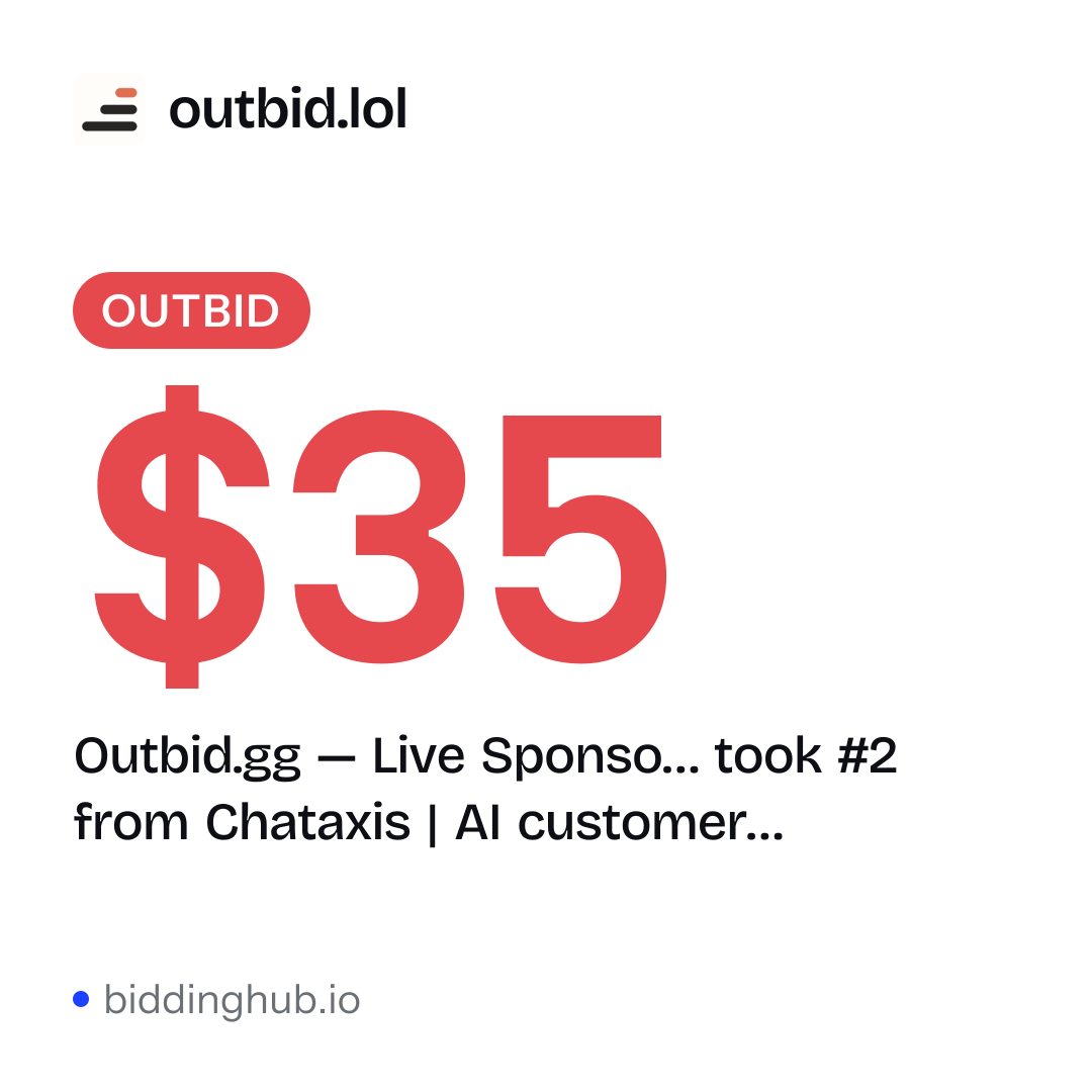 Outbid.gg — Live Sponso… took #2 from Chataxis | AI customer… on outbid.lol for $35.
