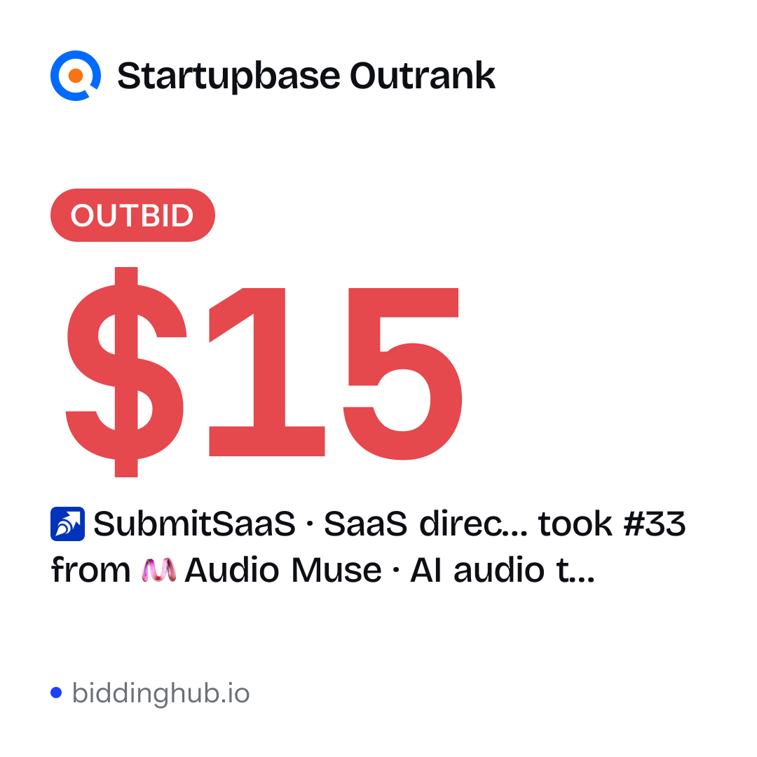 SubmitSaaS · SaaS direc… took #33 from Audio Muse · AI audio t… on Startupbase Outrank for $15.