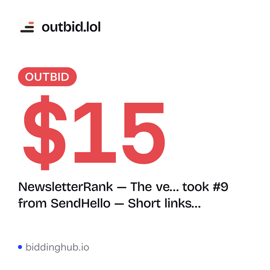 NewsletterRank — The ve… took #9 from SendHello — Short links… on outbid.lol for $15.