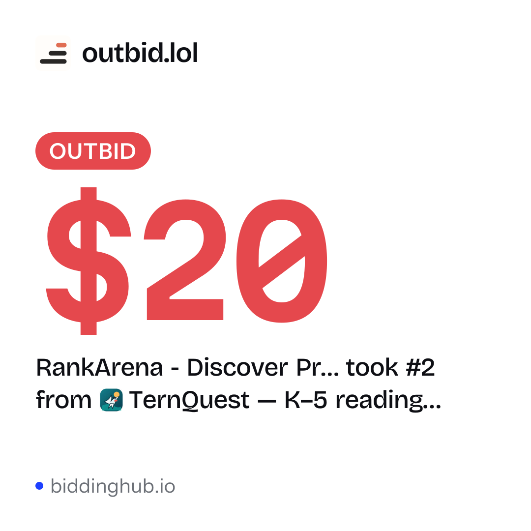 RankArena - Discover Pr… took #2 from TernQuest — K–5 reading… on outbid.lol for $20.