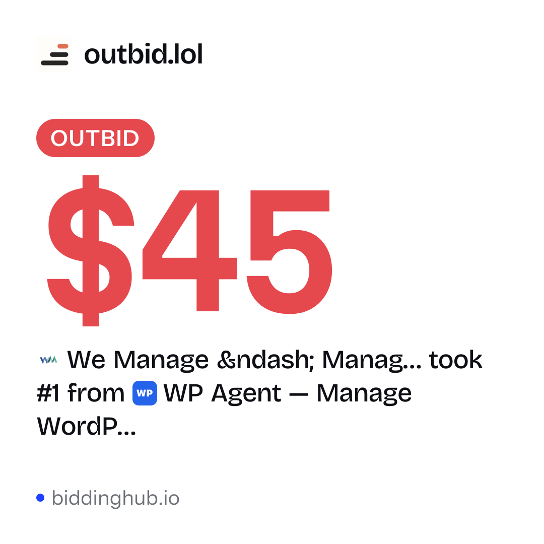 We Manage – Manag… took #1 from WP Agent — Manage WordP… on outbid.lol for $45.