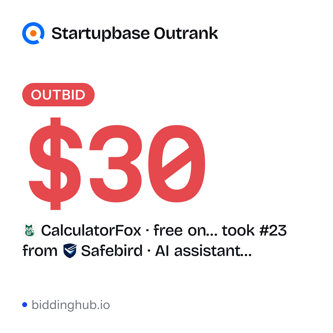 CalculatorFox · free on… took #23 from Safebird · AI assistant… on Startupbase Outrank for $30.