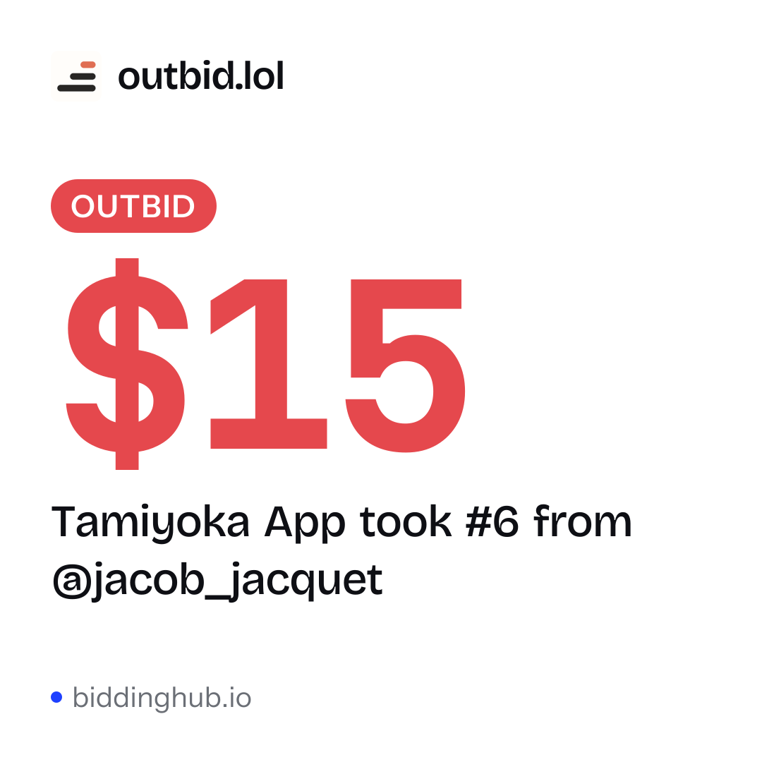 Tamiyoka App took #6 from @jacob_jacquet on outbid.lol for $15.