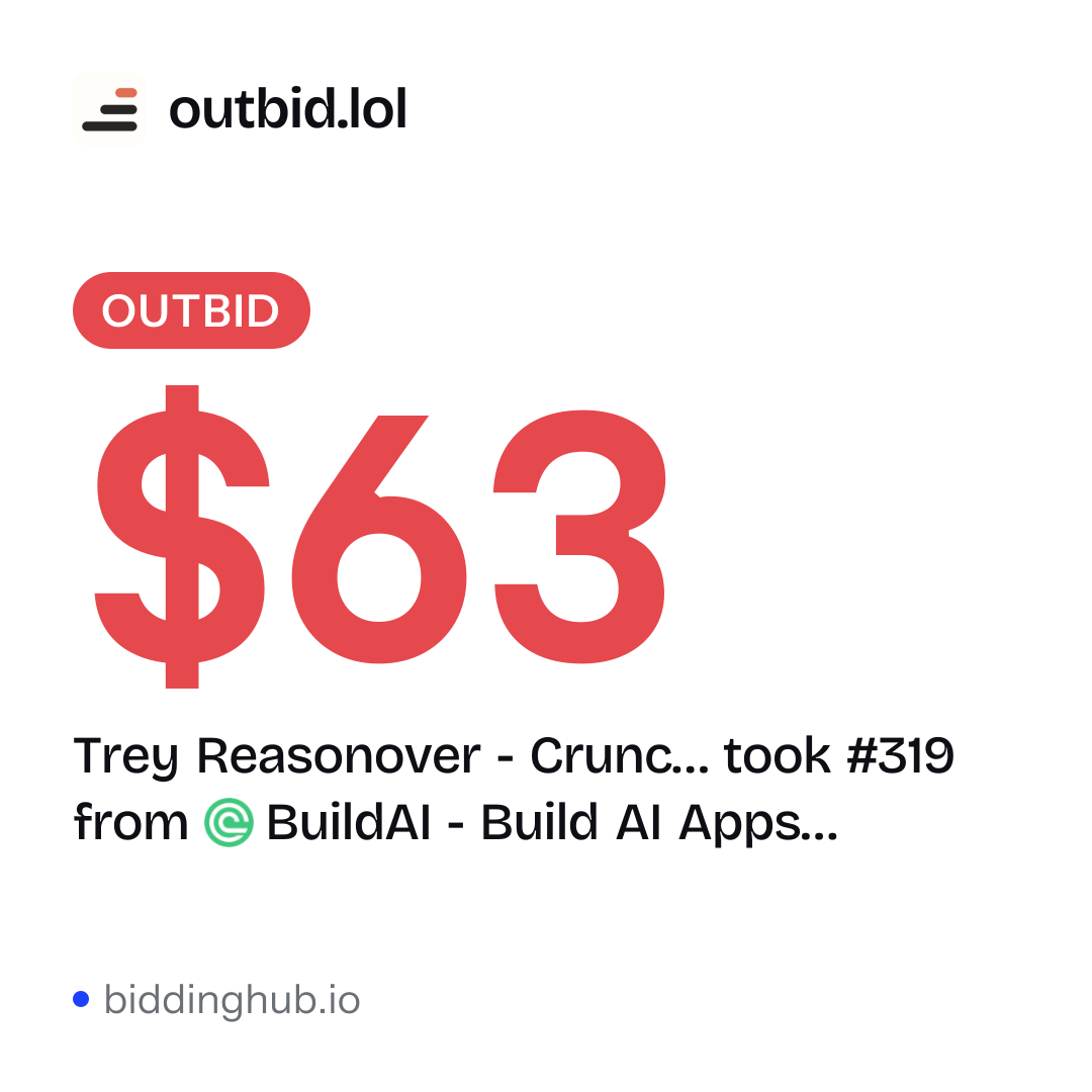 Trey Reasonover - Crunc… took #319 from BuildAI - Build AI Apps… on outbid.lol for $63.