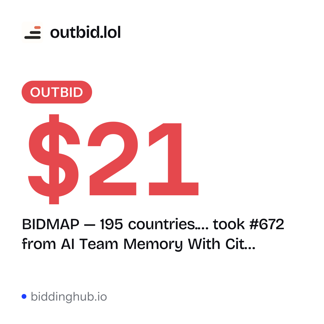 BIDMAP — 195 countries.… took #672 from AI Team Memory With Cit… on outbid.lol for $21.