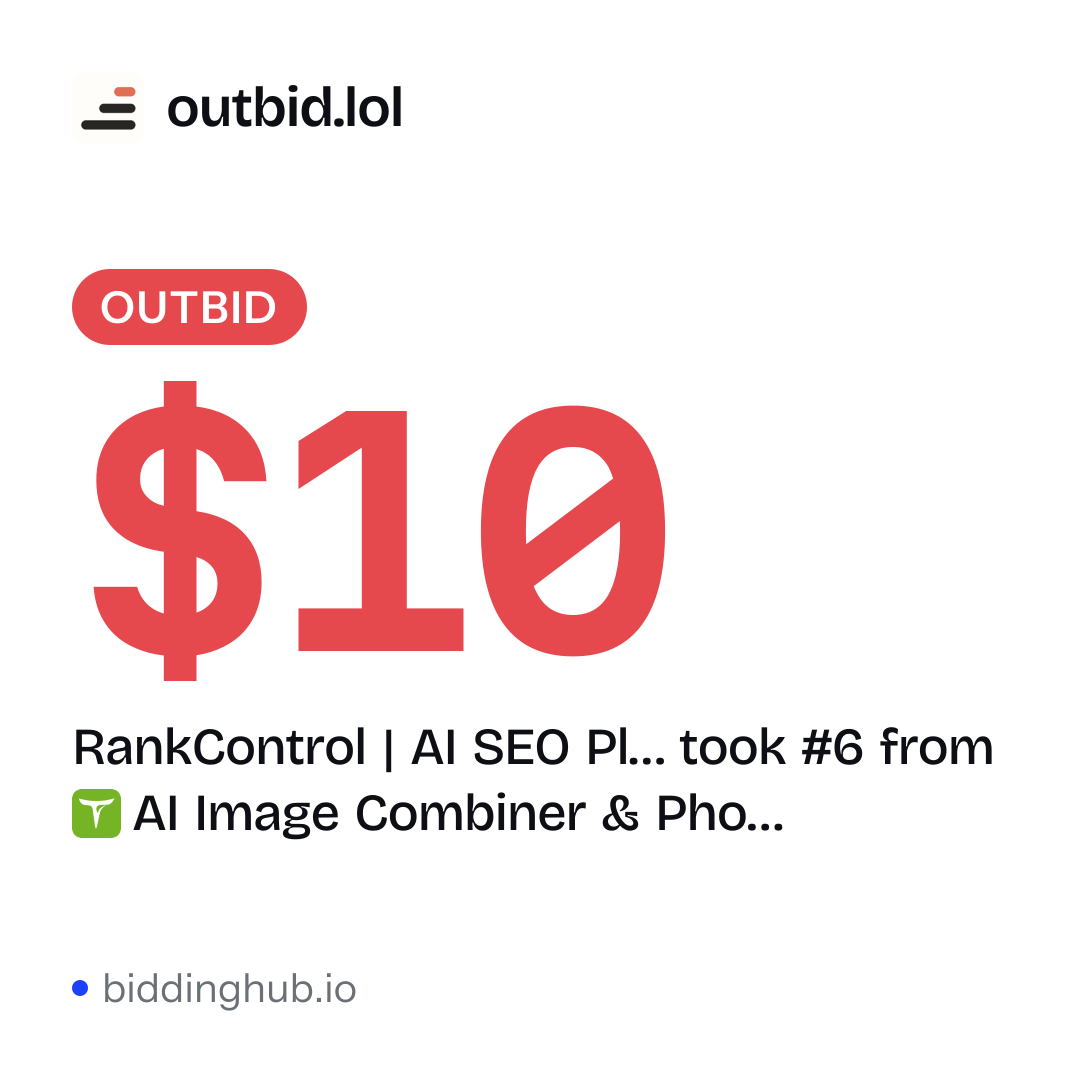 RankControl | AI SEO Pl… took #6 from AI Image Combiner & Pho… on outbid.lol for $10.