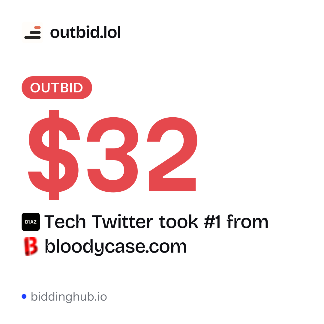 Tech Twitter took #1 from bloodycase.com on outbid.lol for $32.