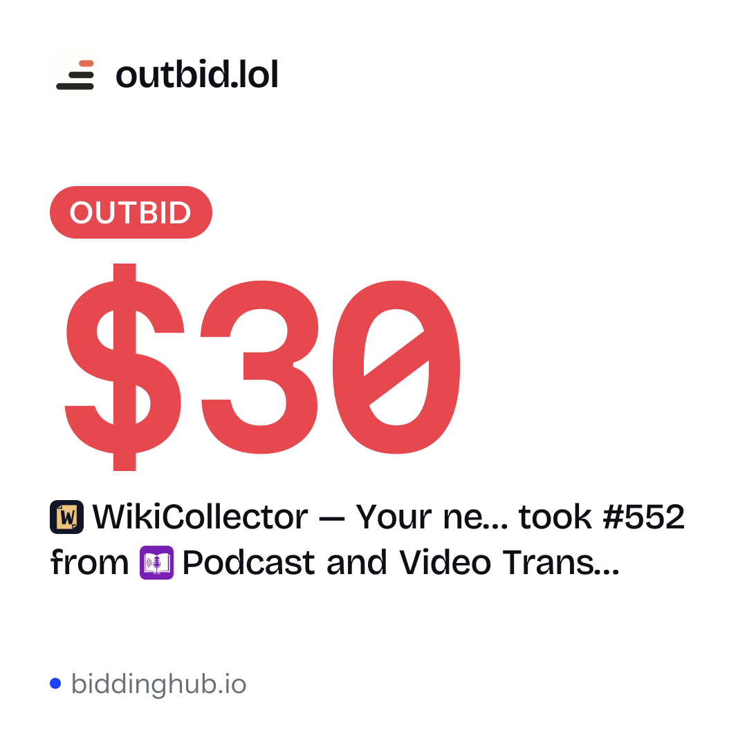 WikiCollector — Your ne… took #552 from Podcast and Video Trans… on outbid.lol for $30.