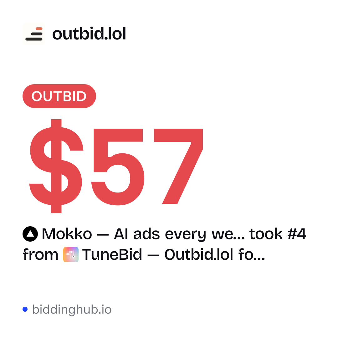Mokko — AI ads every we… took #4 from TuneBid — Outbid.lol fo… on outbid.lol for $57.